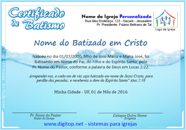 Certificado de Batismo nas águas