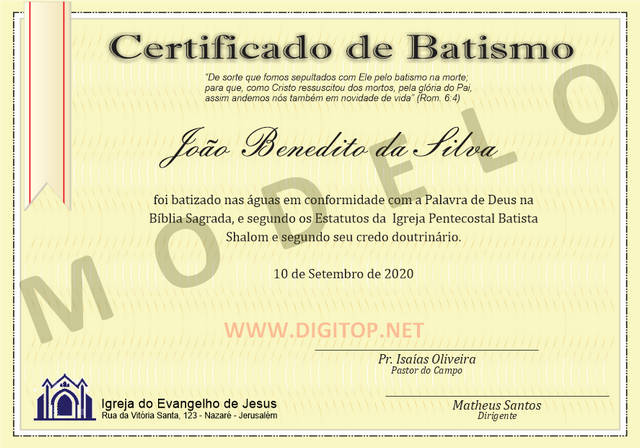 Certificado de Batismo nas águas